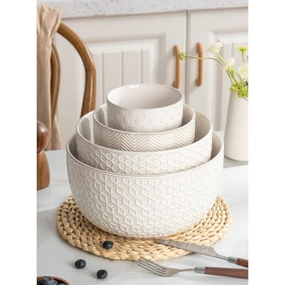 Ceramic Mixing Bowls, Embossed Nesting Bowls Set of 4, Mixing Bowl Set for Serving, Baking, Cooking and Gift, Microwave and Dishwasher Safe, 20/47/99/148 oz, Off-White - size: 20&47&99&148 oz