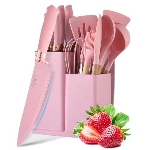 Cooking Utensils Set, Caliamary 19 PCS Silicone Kitchen Utensils Set with Holder and Kitchen Knife Set for Cooking, Non-stick Heat Resistan Kitchen Tools and Gadgets with Wooden Handle (Pink-19)