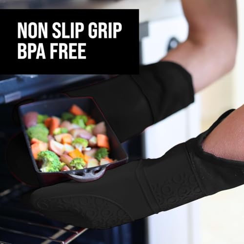 BPA-Free Silicone Oven Mitts Ultra Heat Resistant up to 500°F - Oven Mitts with Thick Cotton Liner - Long Slip Resistant Pot Holders, Flexible Oven Gloves - Black 14.7 - color: Black, size: 2-Piece 14.7" Oven Mitts