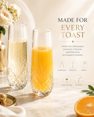 SHOSHIN Hand-Cut Crystal Stemless Champagne Flutes Set of 4, Handmade Mimosa & Sparkling Wine Glasses, 9.5 oz Toasting Glasses with Artisan Agave Pattern, Gift Box Included - color: Agave