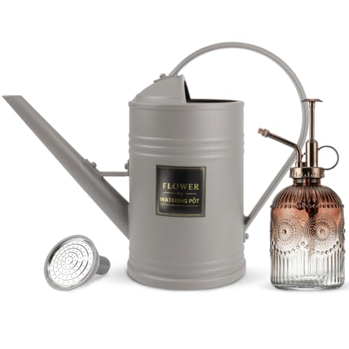 0.5 Gallon Small Watering Can for Outdoor Indoor Plants for House Plants, 12 oz Glass Plant Mister Spray Bottle for Bonsai Garden Flowers (Grey) - color: Gray