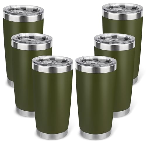 20oz Stainless Steel Tumbler Bulk with Lid, Travel Mug - Double Wall Vacuum Powder Coated Cup - Army Green, 6 Pack - color: Army Green, size: 6 Pack