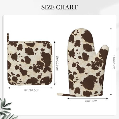 Brown Cowhide Oven Mitts and Pot Holders Sets Silicone Brown Cow Print Kitchen Mitts Cowhide Skin Pattern Potholders Heat Resistant 4Pcs Oven Gloves Hot Pads for Kitchen Baking Cooking - color: Brown Cow Print