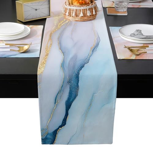 Table Runner and Placemats Set of 6 Marble Texture Decorative Dining Table Runner with Matching Placemats Gold Abstract Art Table Decor for Kitchen Dining Room and Everyday Use 13x70in - size: 13"x70"+6pcs