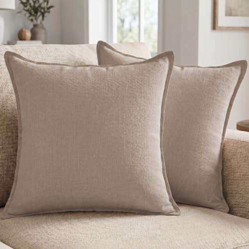 Cotton Linen Throw Pillow Covers 20x20 Inch Light Brown Set of 2 | Breathable Decorative Cushion Cases with Invisible Zipper - for Boho Farmhouse Decor in Living Room Sofa Couch Bed and Patio - color: Light Brown, size: 20" x 20" (Pack of 2)