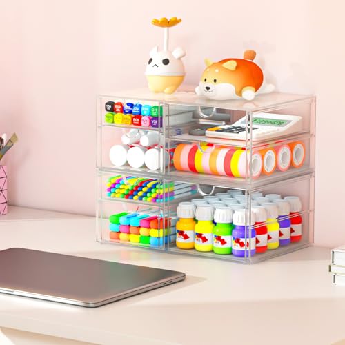 4-Pack Acrylic 6-Drawer Office & Makeup Storage Organizer,Desk | Smooth-glide drawers, clear body, dustproof, wipe clean, for stationery, lipsticks, blush palettes, hair clips, sticky notes - size: 6 Drawers
