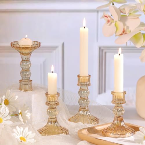 6Pcs Gold Candlestick Holders Set - 4" H & 5" H Striped Taper Candle Holders Bulk, Glass Candle Holders for Wedding, Festival, Party, Table Centerpiece, Gifts - color: Gold, size: Striped Pattern