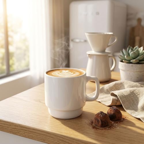ASTRUE Stackable Ceramic Coffee Mugs Set of 4, 10 oz Glossy White Mug Set for Home & Office - size: 10 oz