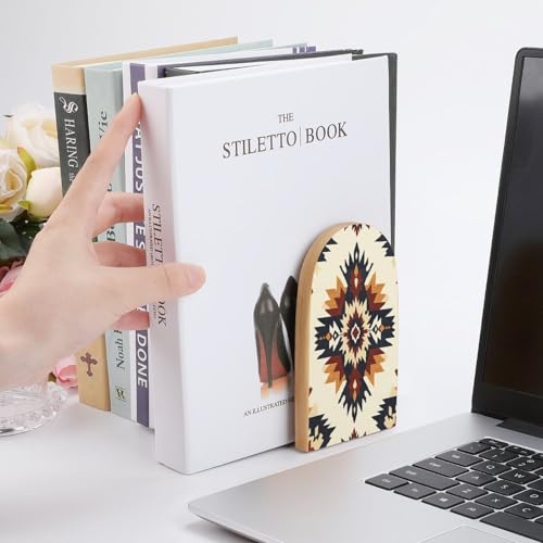 Native Geometric Pattern Southwestern Wooden Bookends Shelves 2 PCS Sturdy Book Holders Desktop Organizer for Home Office Libraries