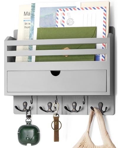 Rebee Vision Mail Organizer Wall Mount with 7 Key Hooks for Entryway, Gray | Key and Mail Holder for Wall, Drawer Organizer, Anchor Key Hanger, Mail Sorter, Apartment Essentials, Home Decor Aesthetic - color: Gray