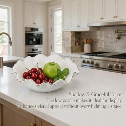 10" Large White Ruffle Lotus Design with Gold Trim Ceramic Fruit Bowl, Shallow Decorative Leaf Floral Bowl for Coffee Table Kitchen Counter and Home Decor Approx Capacity 45 fl oz - size: 10"