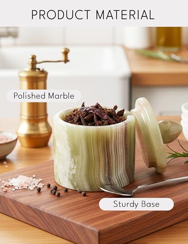 Marble Salt Cellar with Lid 4" Inch Green Handmade Table Salt Container & Sugar Bowl For Kitchen Countertop, Ideal Salt Dish & Salt Jar for Celtic Salts - color: Green onyx