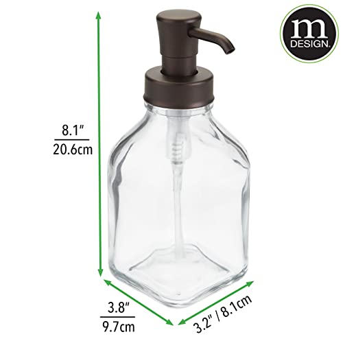mDesign Square Glass Refillable Liquid Soap Dispenser Pump Bottle for Bathroom Vanity Countertop, Kitchen Sink - Holds Hand Soap, Dish Soap, Hand Sanitizer, Essential Oils - 2 Pack - Clear/Bronze - color: Clear/Bronze