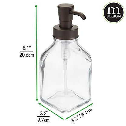 mDesign Square Glass Refillable Liquid Soap Dispenser Pump Bottle for Bathroom Vanity Countertop, Kitchen Sink - Holds Hand Soap, Dish Soap, Hand Sanitizer, Essential Oils - 2 Pack - Clear/Bronze - color: Clear/Bronze