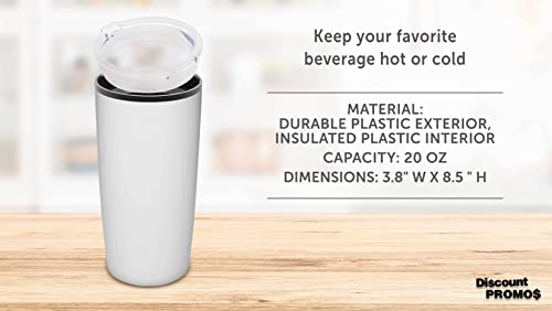 DISCOUNT PROMOS Plastic Tumblers 20 oz. Set of 6, Bulk Pack - With lids, Ice Coffee Tumbler, To Go Cup, Insulated - White - color: Blank – White