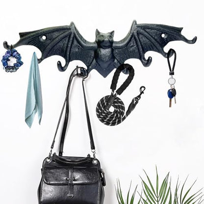 Bat Key Hooks Gothic Bat Key Holder Casting Iron Wall Mount Key Rack | Rustic Decorative Hooks for Hanging Keys Bag Purse Towel Umbrella Dog Leash Hooks, 9.65 x 2.56in Bat Key Rack with 8 Hooks