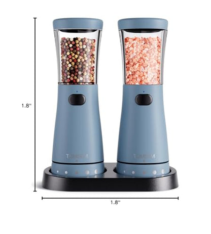 Electric Salt and Pepper Grinder Set with Storage Base, Stainless Steel Rechargeable Salt and Pepper Grinder Set with 4.5 oz Large Capacity, 1.8" Wide Mouth, Adjustable Coarseness, Ideal for Kitchen - color: Blue