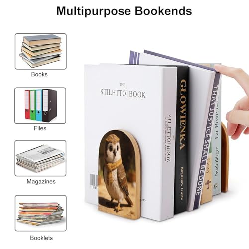 Checked Little Warm Owl Book Ends for Shelves Decorative Wooden Bookends Heavy Duty Non-Skid Book Stopper Modern Book Holder Cute Book Organizer for Home Office Library Desk Decor