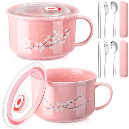 2 Pcs 30 oz Ceramic Soup Bowl with Lid and Handle Snow Flake Blossoms Cherry Pattern Microwave Soup Mug Instant Noodles Cup,2 Sets Stainless Utensils Fork Spoon Chopsticks with Case(Pink) - color: Pink