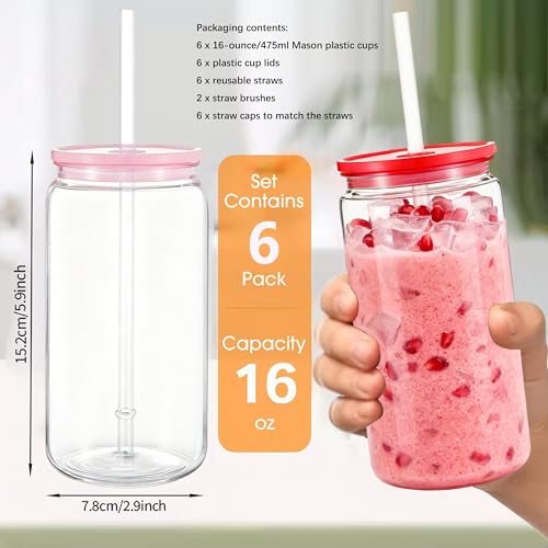 Mason Jar Cups with Lids and Straws, 16 oz Reusable Plastic Tumblers for Whisky, Soda, Tea, Juice, Beer, Coffee, Milk Tea, Gifts, 6 Pack (Clear Pink, Red, Rose) - color: Clear Pink, Red, Rose