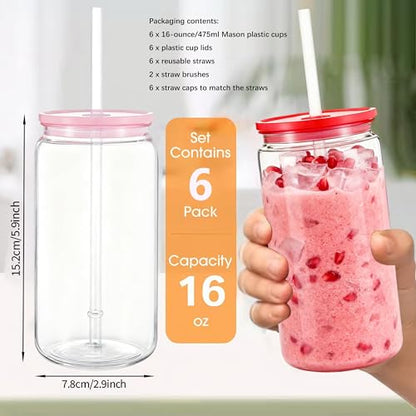 Mason Jar Cups with Lids and Straws, 16 oz Reusable Plastic Tumblers for Whisky, Soda, Tea, Juice, Beer, Coffee, Milk Tea, Gifts, 6 Pack (Clear Pink, Red, Rose) - color: Clear Pink, Red, Rose