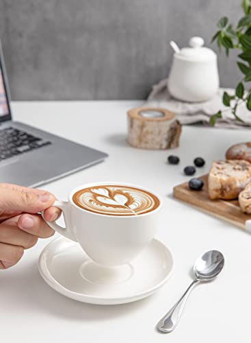 Sweese 6 Ounce Cappuccino Cups with Saucers, Porcelain Double Espresso Cups Set of 6 - White - color: White, size: 6OZ