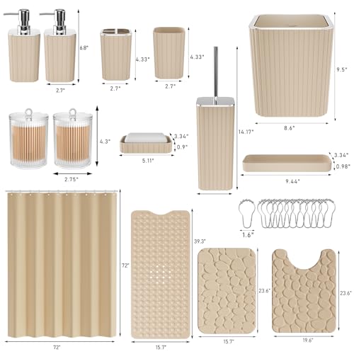 XLHOMO 26PC Bathroom Accessories Set - Gorgeous Bathroom Set, Beige Bathroom Accessory Set, Shower Curtain Set with Bathtub Mats for Shower Tub, Trash Can & Soap Dispenser - size: Bath Set+Bathtub Mat+Shower Curtain&Rugs, style: Beige&Silver