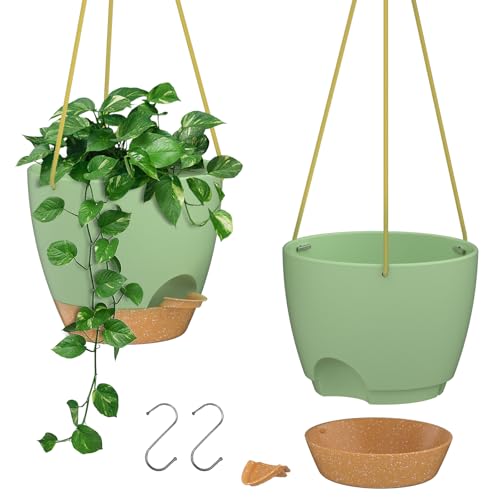ZMTECH 10 Inch Hanging Planters for Indoor Outdoor Plants, 2 Pack Self Watering Hanging Plant Pots with Drainage Holes and Removable Saucer, Plastic Flower Hanging Pots with Watering Lip (Green) - color: Green, size: 10 Inch