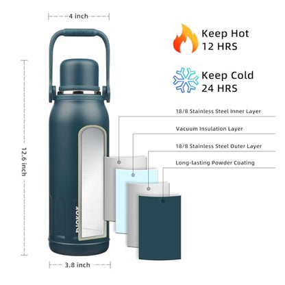BJPKPK Stainless Steel Insulated Bottle with Handle & Strap, 50oz | Leak-proof vacuum insulation keeps drinks cold/hot for hours. BPA-free, dishwasher safe. Includes handle & strap. Navy Blue. - color: Navy Blue, size: 50 Ounces