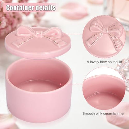 ELLDOO Body Powder Puff and Container, Wedding Bridal Shower Gifts (Pink) | Ceramic Loose Dusting Powder Storage Box with 2pcs Powder Puffs for Baby Women, Jewelry Trinket Box with Bow Lid - color: Pink