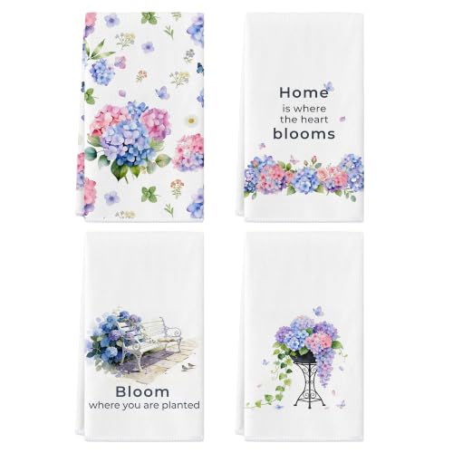Hydrangea Kitchen Towels Set of 4,Floral Flour Sack Dish Towels 17x27 Inch,White Hand Towel for Bathroom,Hoilday Farmhouse Home Decoration,Gifts for Women (Hydrangea) - color: Hydrangea