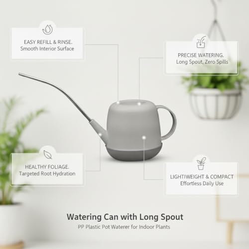 Long Spout Watering Can for Indoor Plants, Durable PP Plastic Pot Waterer with Precision Flow Control for Hanging Baskets and Dense Foliage - color: Brown