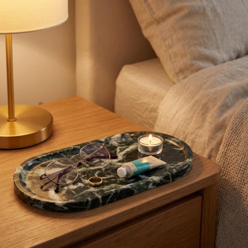 YKAJO Snowflake Green Oval Marble Tray, 11.8x5.9 Vanity Perfume Organizer | Honed natural stone; jewelry & trinket dish, ring & key holder, soap & candle catchall; bath counter, dresser, coffee table - color: Snowflake Green, size: 11.8" x 5.9" x 0.6"
