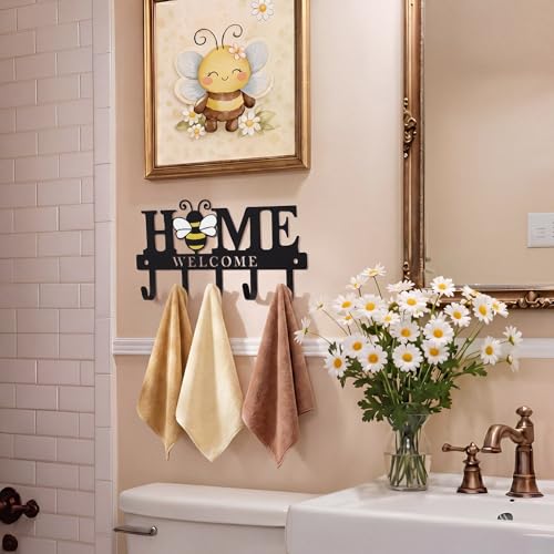 Key Holder Wall Mount Bee Metal Key Hooks Organizer Hanger Coat Rack with 5 Hooks Rustic Farmhouse Decorative Welcome Home Wall Decor for Entryway Bathroom Hallway Living Room 9.8 Inch - style: Bee