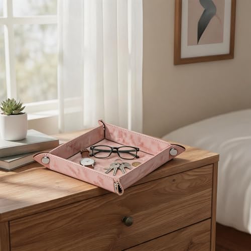 Valet Tray Desktop Storage Organizer – Vegan Leather Catchall Bedside Vanity Tray Nightstand Caddy Holder for Remote Controller, Watch, Keys, Phone, Wallet, Coin, Jewelry, Marble Pink - color: Marble Pink