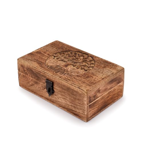 Handmade Mango Wood Tree of Life Engraving Beautifully Keepsake Box Jewellery Organiser Unique Gift Ideas for Men & Women (Flame Work Finish)