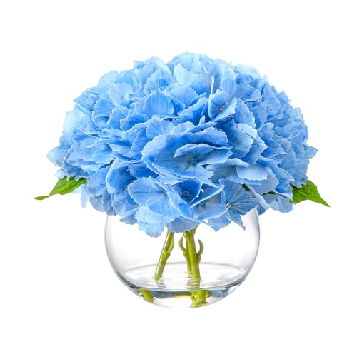 Artificial Hydrangea with Fake Water in Vase, Realistic Touch Faux Flowers, Silk Hydrangea Flower Arrangement with Faux Water for Home Office Bathroom Wedding Table Centerpiece Decor(Blue) - color: Blue1