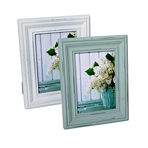 Buecasa Rustic 3.5x5 Inches Wooden Picture Frame Pack of 2 Vintage Cyan and White in Gift Box - Distressed Wood High Definition Glass Photo Frame Outside 6.1x7.7 Inches - 2 Way Display Tabletop or - color: 3.5x5 inches photo