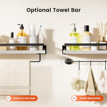 Amada Bathroom Shelves with Towel Bar, Set of 2, White | Floating Shelves with Detachable Towel Bar, Protective Metal Guards, Paulownia Wood, Bathroom, Living Room & Kitchen Storage - color: White