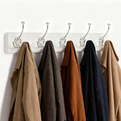 IBosins 2 Pack White Coat Rack Wall Mount, 17" Long with 5 Tri-Hooks | Wall Mounted Heavy Duty Metal Coat Hook Rail for Entryway, Closet, Bathroom, Coat, Jacket, Scarf, Towel, Hat - color: White Wood Plate & Silvery Tri-Hook, size: 2 Item-5 Hooks