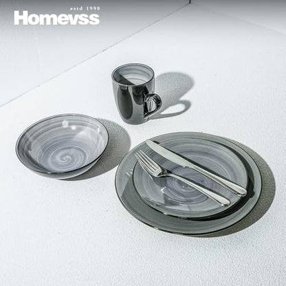 HomeVss, Sonoma Stoneware Dinnerware Set, Outside Black + Inside Hand Painting Color (16pc Set, Grey) - color: Gray