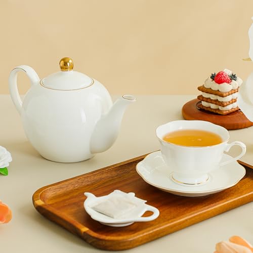 White Ceramic Tea Cup and Saucer Set of 8 (16-Piece) - 6oz Elegant Porcelain Cups with Gold Rim, 8 Cups & 8 Saucers for Tea Party - size: 6oz