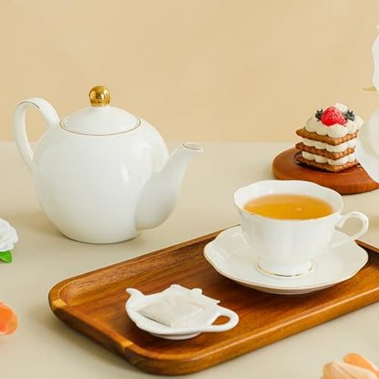 White Ceramic Tea Cup and Saucer Set of 8 (16-Piece) - 6oz Elegant Porcelain Cups with Gold Rim, 8 Cups & 8 Saucers for Tea Party - size: 6oz