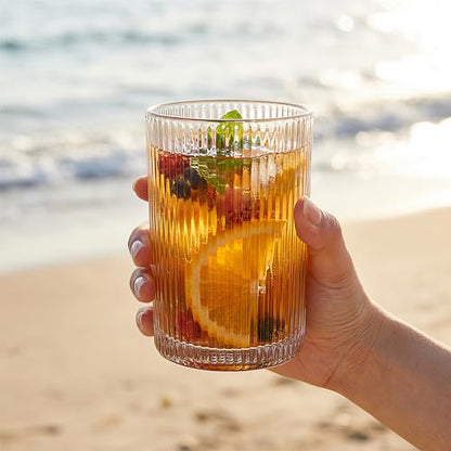 Set of 6 Large capacity Ribbed Glassware, 17oz Vintage Clear Glass Tumbler, Origami Style, Fluted Design, Ideal for Water, Iced Coffee, Mixed Drinkware, Tea, Latte, Housewarming Gift