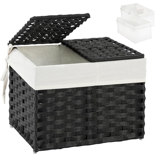 SETVSON Storage Basket with Lid, 2-Lid PE Rattan Storage Bin, Black | 9.2 Gal Decorative PE Rattan Furniture Look for Bedroom, 2 Separate Lids, 2 Liners with Divider for Apparel & Essentials - color: Black, size: 35L-15.7L*11.8W*11.8H