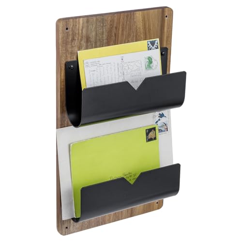 MyGift 2-Tier Wall Mounted Mail Holder, Matte Black Metal and Premium Acacia Wood Backboard Mail and Letter Organizer