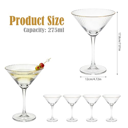 4 Pcs Gold Rim Martini Glasses with Stem and Fruit Picks 9 oz Reusable Crystal Glassware Ribbed Coupe Glasses for Tequila Margarita Champagne Cocktail Wedding Housewarming Girls Nights Gifts