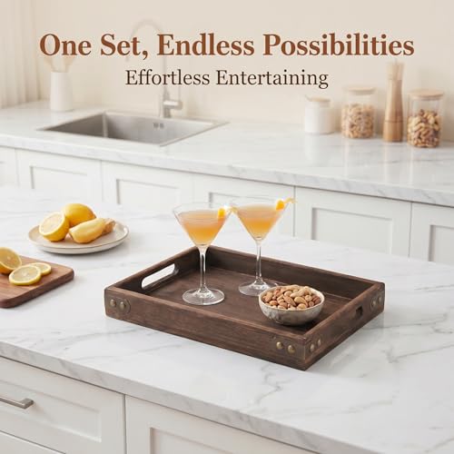 TOPZEA 3 Pack Wood Serving Tray with Handle, Farmhouse Wooden Coffee Table Trays Decorative Breakfast Tray for Bed, Couch, Ottoman, 3 Size
