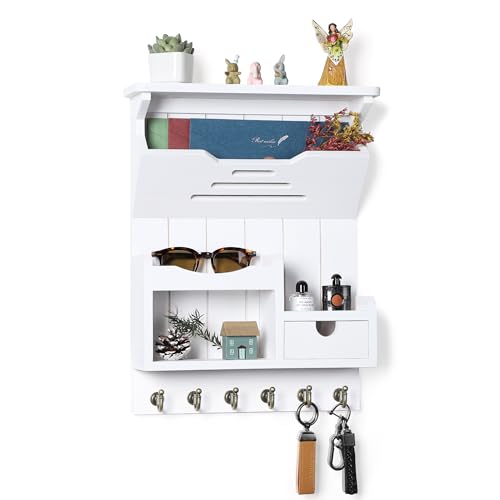 DOPACE Handcrafted Pine Wood Mail Organizer & Key Holder, White | Hand-polished natural pine wood with storage drawer & 6 hooks, Fine spray paint finish, Easy wall mount - color: White
