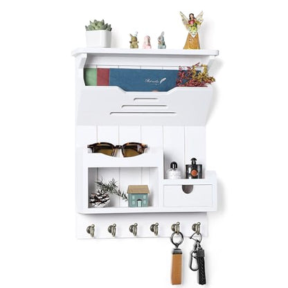 DOPACE Handcrafted Pine Wood Mail Organizer & Key Holder, White | Hand-polished natural pine wood with storage drawer & 6 hooks, Fine spray paint finish, Easy wall mount - color: White